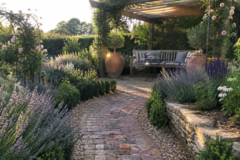 20 Stylish Garden Path Design Ideas Connecting Beds to Seating Areas A brick path runs between lavender and shrub beds toward a wooden bench under a pergola, with large terracotta pots placed nearby.