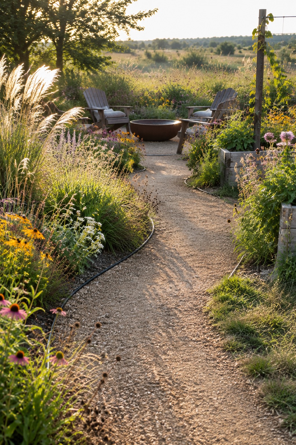 A gravel garden path curves between flower beds and leads toward wooden chairs arranged around a fire pit.