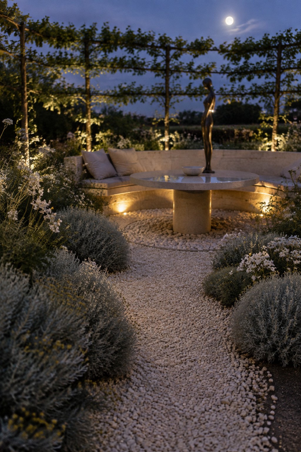A gravel path curves through low shrubs toward a circular stone bench and table in a garden at dusk.