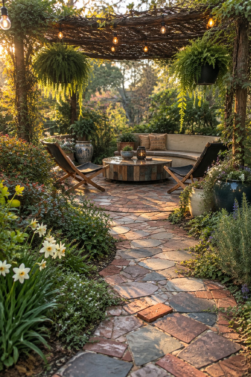 A winding path of irregular flagstones runs through garden beds with white flowers toward a circular patio seating area under a vine-covered pergola.