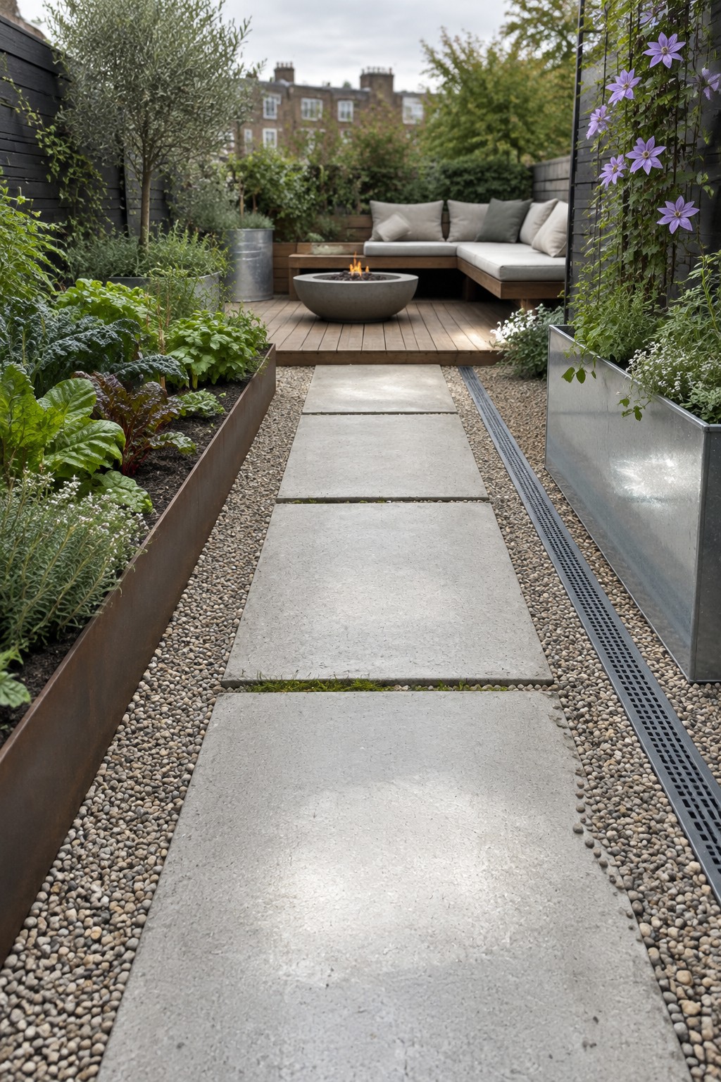 Concrete stepping stones path through gravel garden to deck with fire pit and bench.