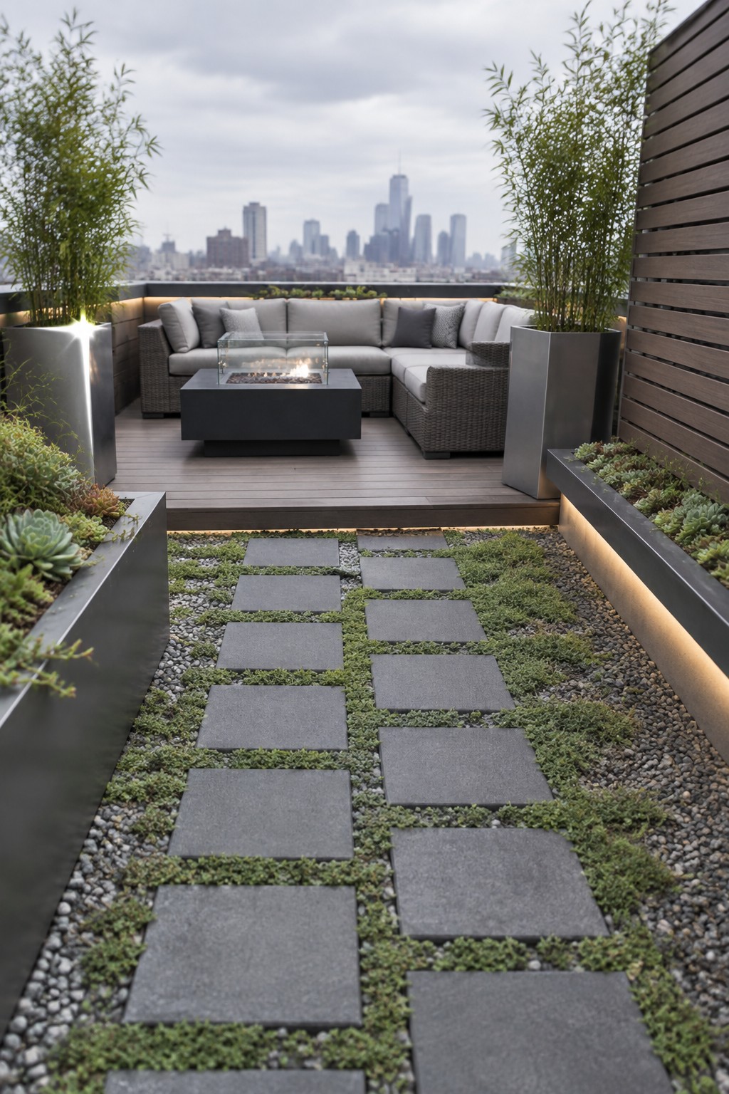 A garden path of large gray square pavers set into gravel with low green groundcover plants, leading toward a raised patio with outdoor seating and a fire pit.