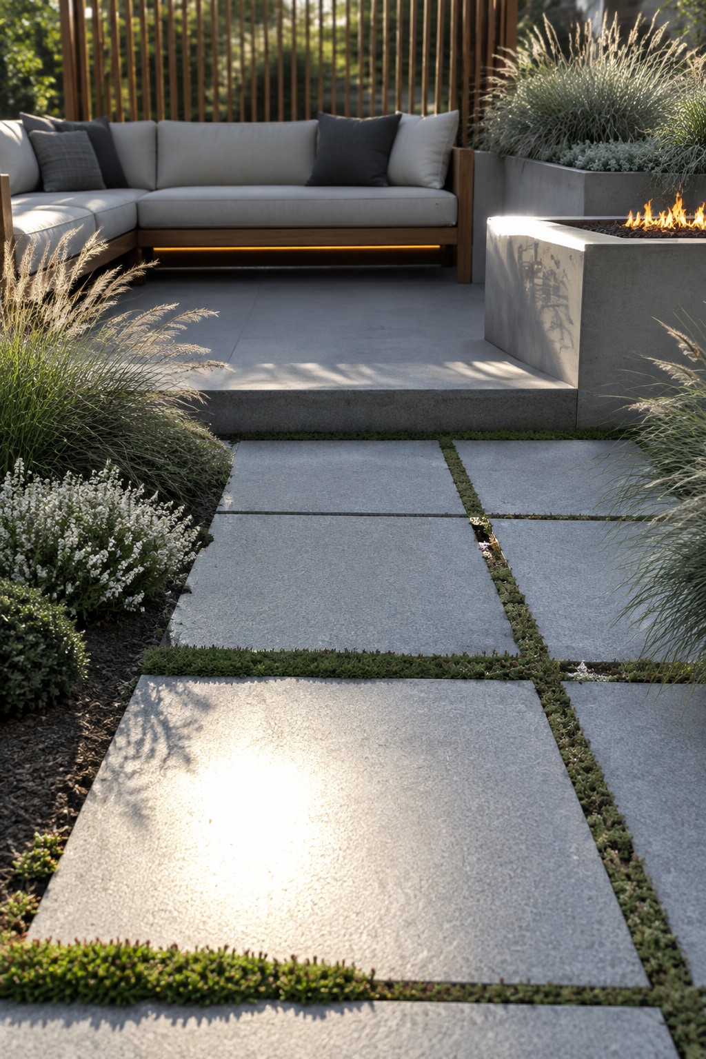 A garden path of large rectangular gray stone pavers with grass and low plants between them leads toward an outdoor sofa and concrete fire pit.