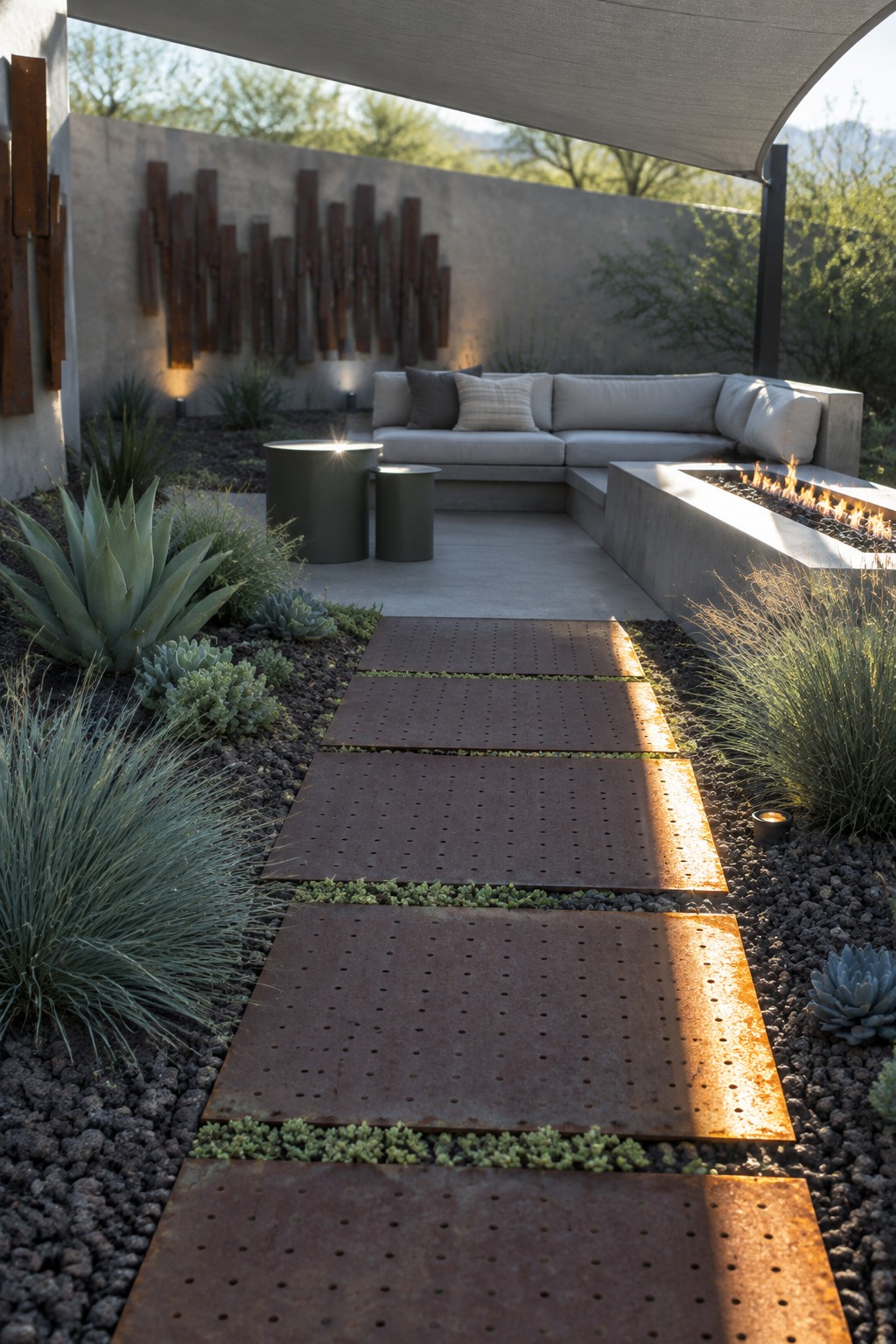 A straight garden path of large rectangular perforated metal plates runs through gravel beds with low succulents toward a concrete patio with seating and a fire pit.