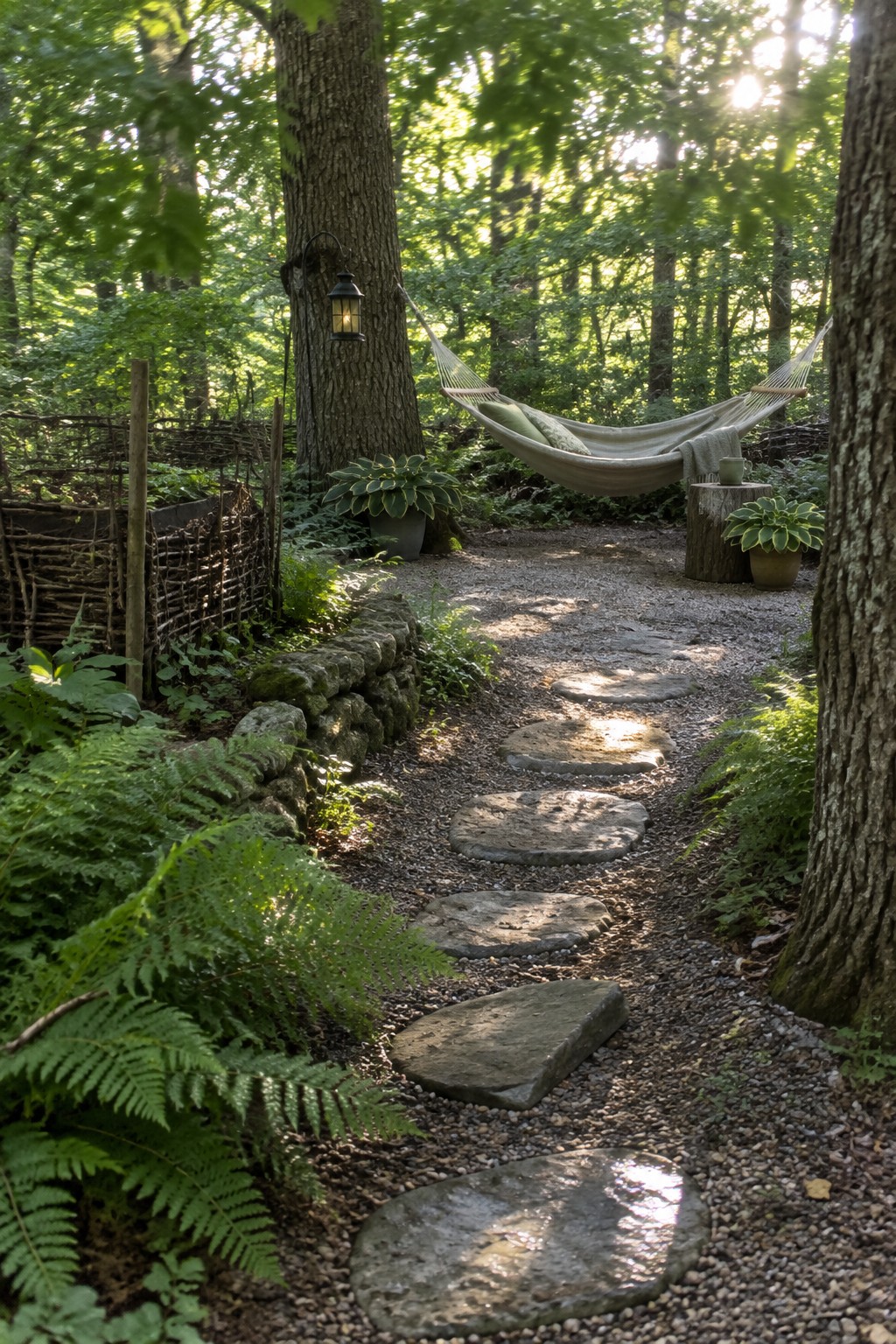 Stepping stone path winds through forest past hammock, lantern, and ferns