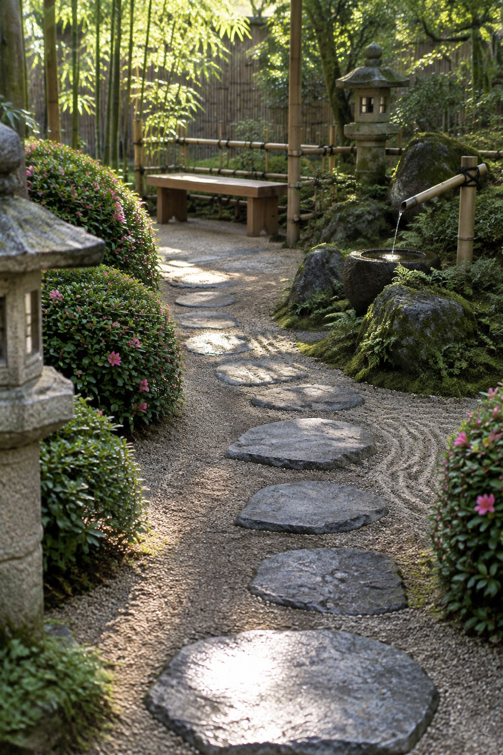 A gravel path with large flat stepping stones winds through green shrubs, mossy rocks, and flowering bushes toward a wooden bench in a Japanese-style garden.