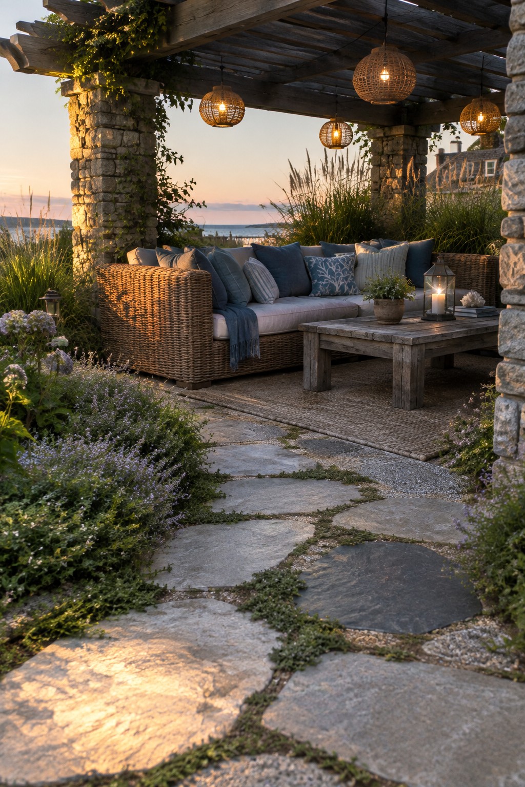 Irregular stone stepping slabs form a path through garden beds with low purple flowers, leading to a covered seating area with wicker sofa and wooden coffee table.