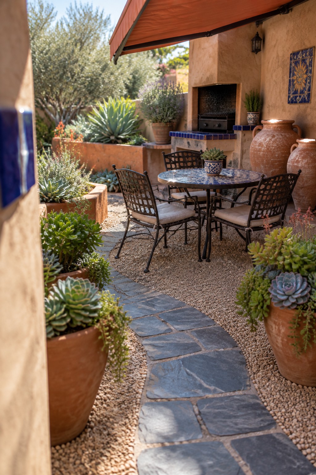 A curved path of irregular stone slabs runs through gravel between large terracotta pots of succulents toward a round patio table with chairs.