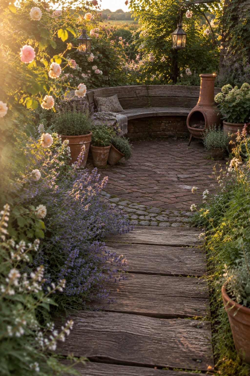 A wooden plank path winds through flower beds and potted plants toward a curved wooden bench with hanging lanterns overhead.