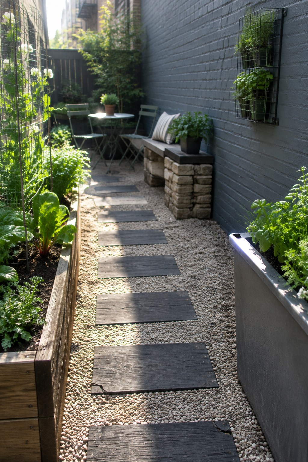 A narrow gravel path lined with dark wooden planks runs between a raised wooden garden bed on the left and a low stone bench against a painted brick wall on the right.