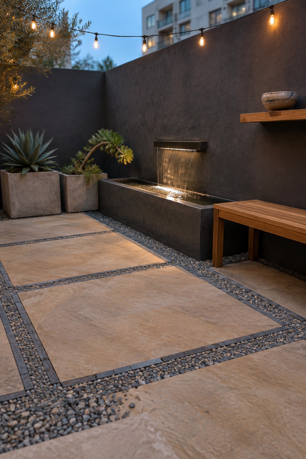 A stone patio with large beige pavers bordered by gray gravel edging, featuring a dark concrete water feature, potted plants, a wooden bench, and string lights overhead.