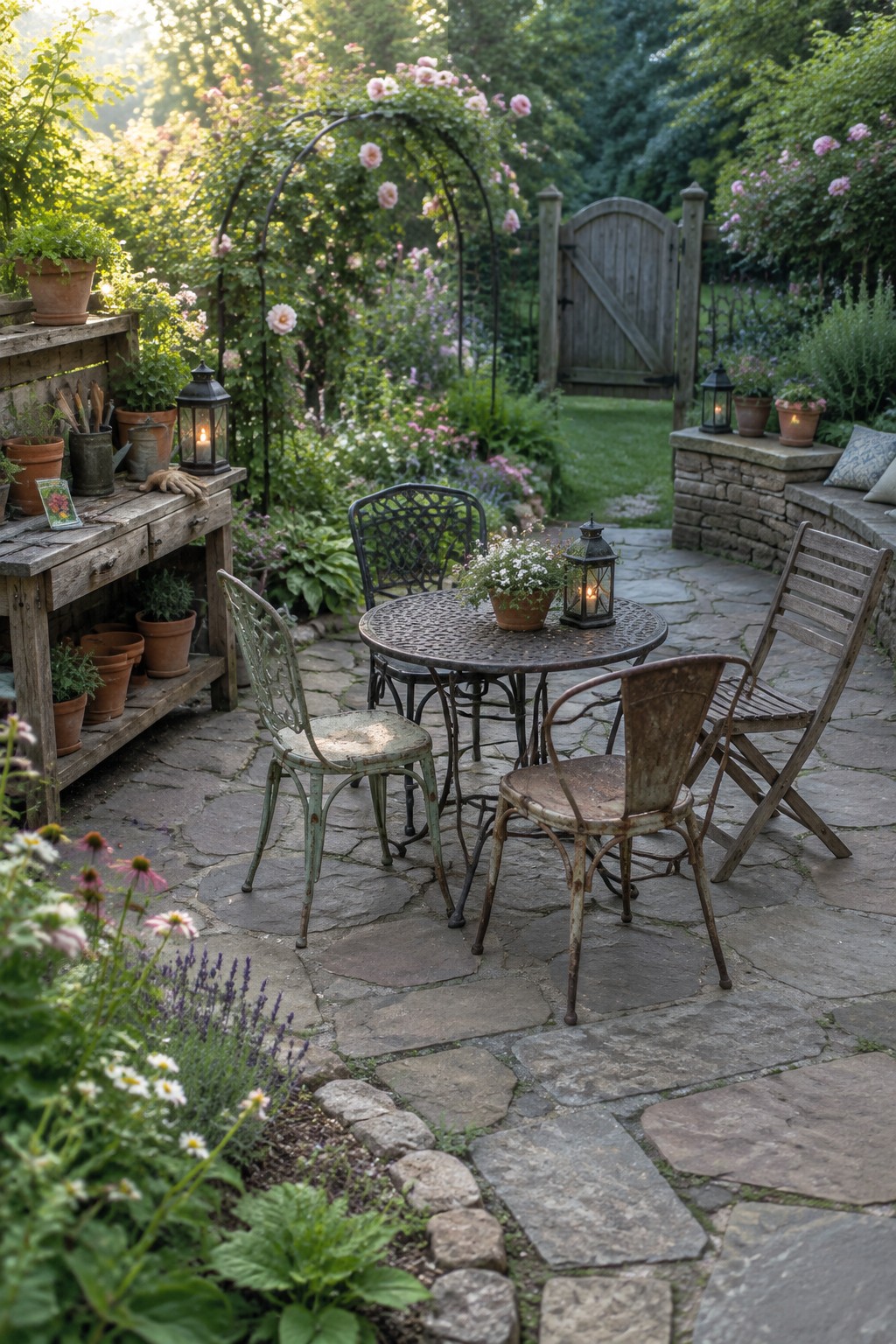 A stone patio with vintage metal seating, lanterns, and garden plants growing along the irregular stone edges.