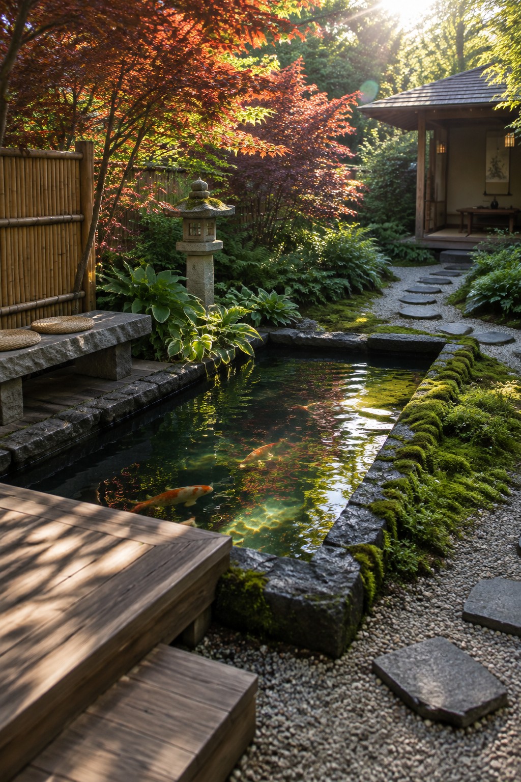 A rectangular garden pond lined with mossy natural stone edging, surrounded by gravel paths, wooden decking, and autumn trees.