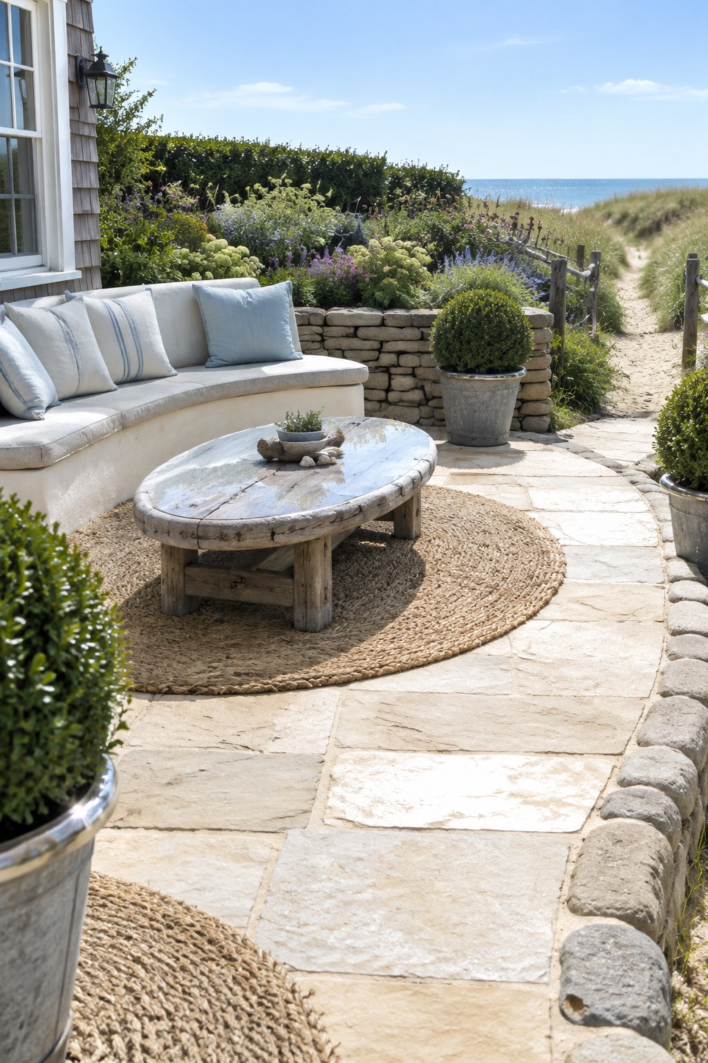 A curved stone patio with natural rock edging surrounds a built-in bench, wooden coffee table, and potted plants beside a garden path.