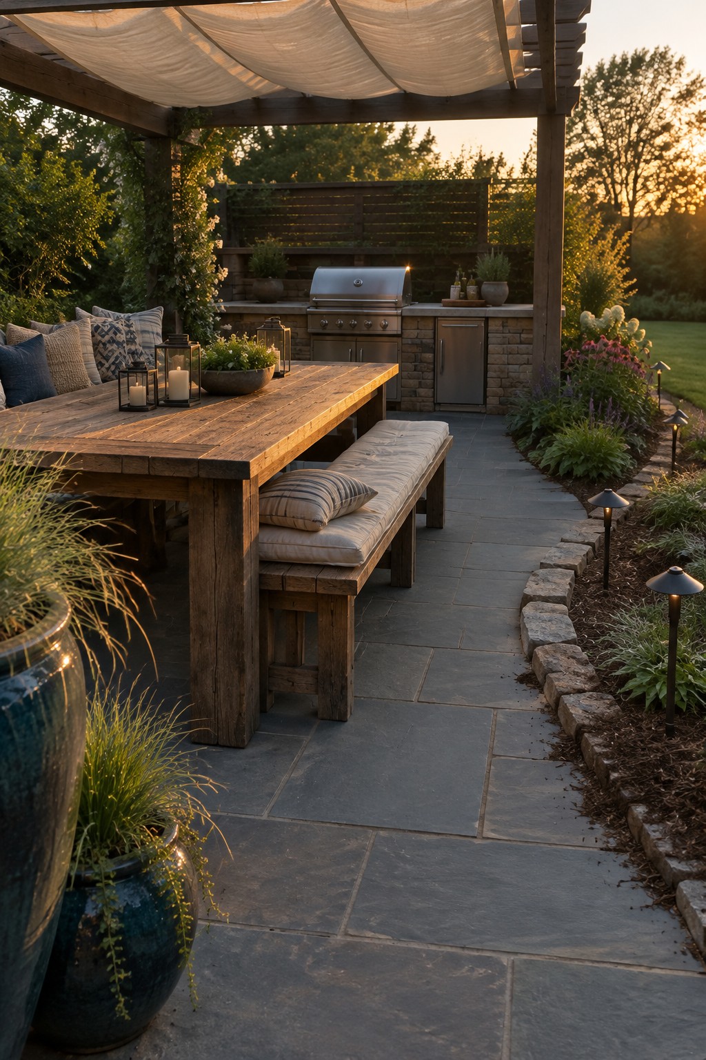 A wooden dining table with bench seating sits on a stone paver patio bordered by natural stone edging, garden beds, and pathway lights at dusk.