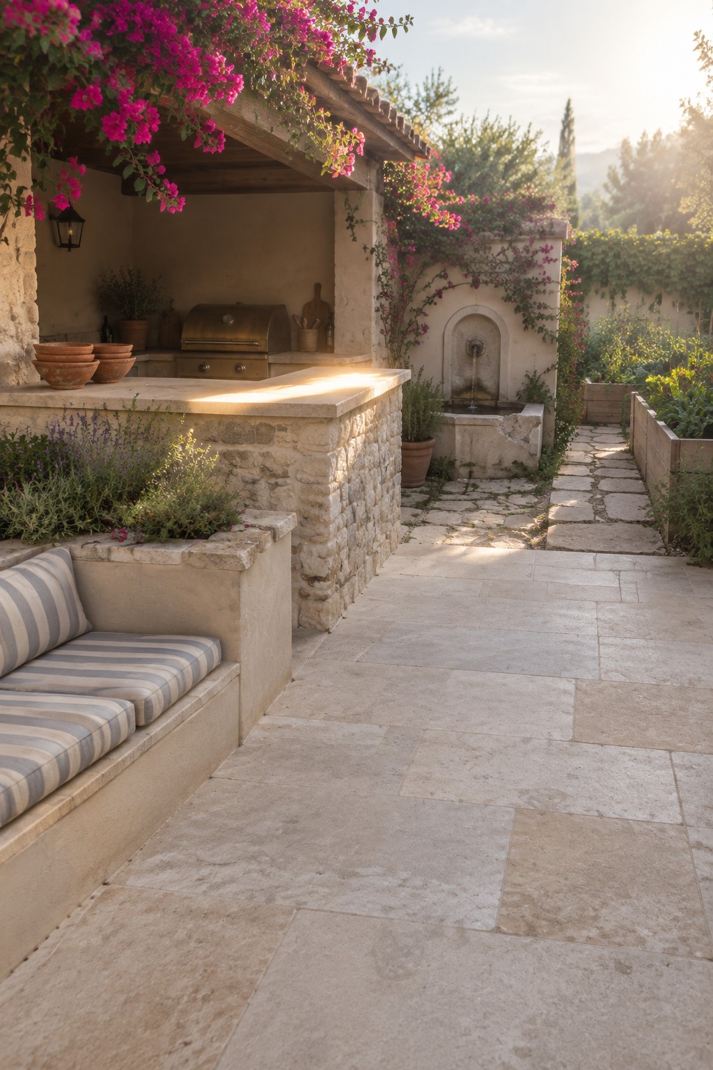 Sunlit stone patio with striped bench, grill counter, pink bougainvillea, and fountain.