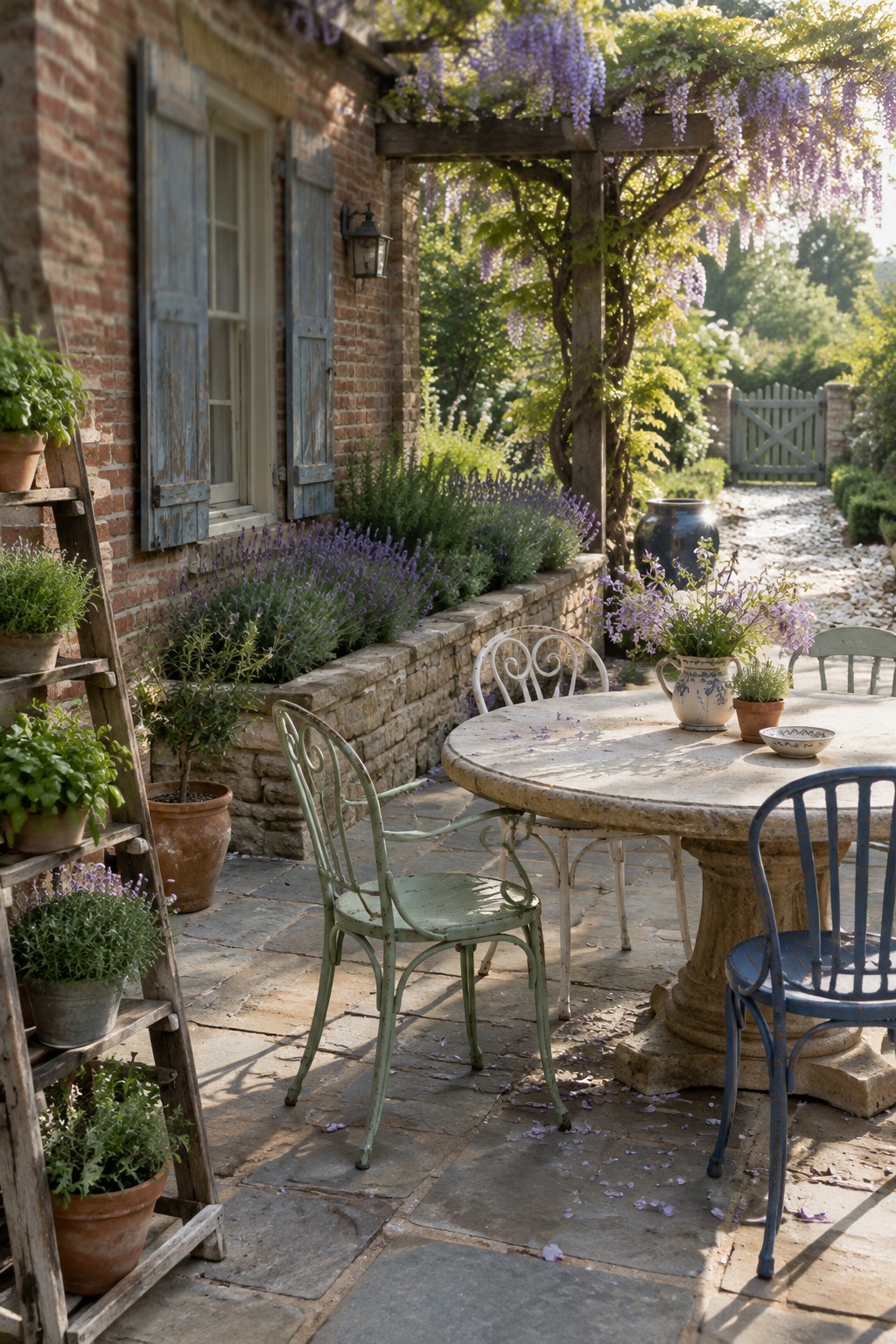 Rustic patio with stone table, vintage chairs, blooming wisteria, and potted plants by brick cottage.