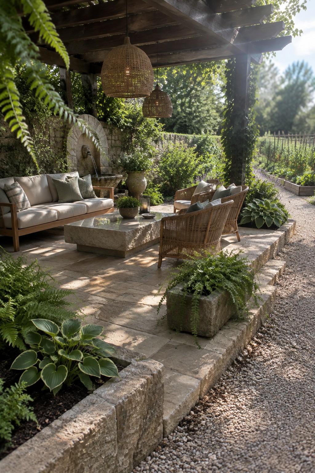 Stone patio under wooden pergola with wicker chairs, lanterns, and garden fountain