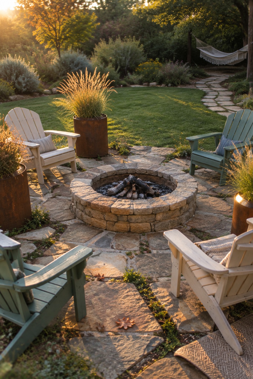 Stone fire pit ringed by Adirondack chairs on a patio at sunset.