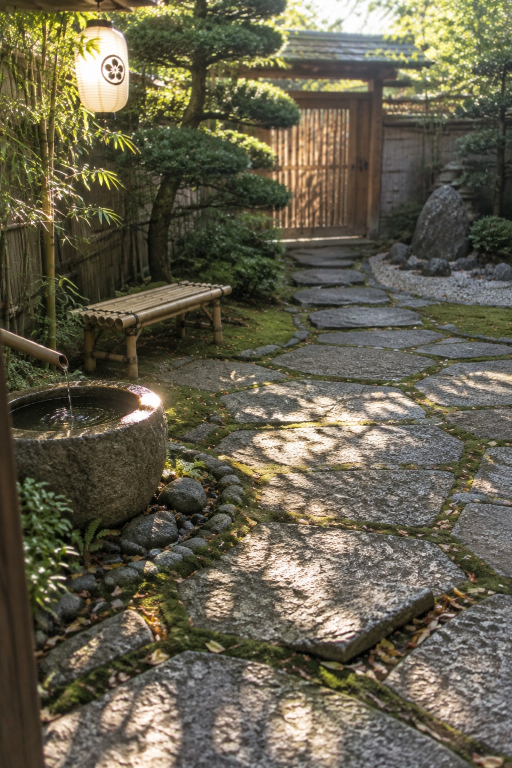 A garden path of large irregular gray stones with moss in the joints, bordered by smaller rocks, next to a stone water basin and bamboo bench.