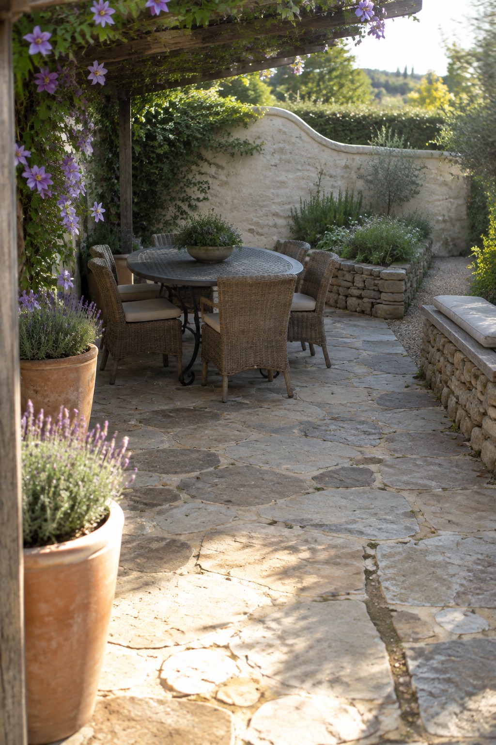 Stone patio with round table, wicker chairs, and purple flowers on pergola