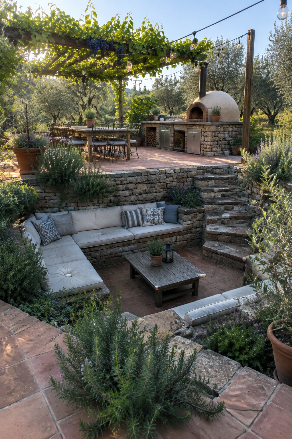 A terraced stone patio with built-in cushioned seating, a wooden coffee table, steps, and a pizza oven on the upper level.
