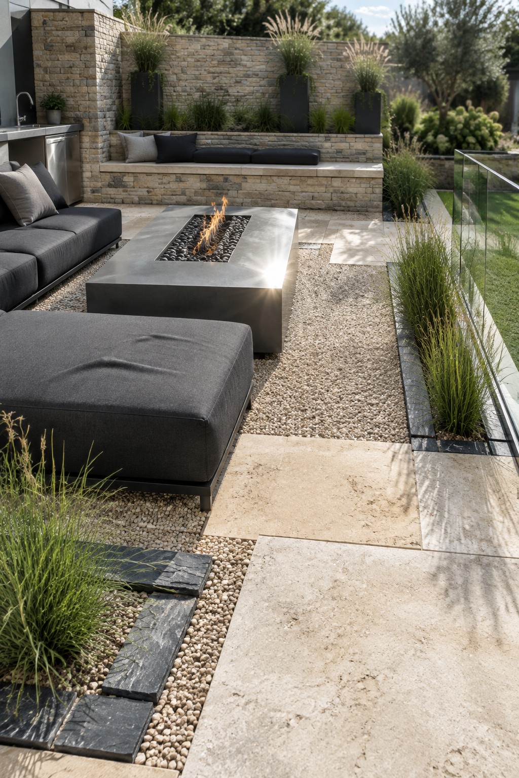 A modern stone patio with a rectangular metal fire pit on gravel, dark gray outdoor seating, paver pathways, and long planting beds edged with dark natural stone.
