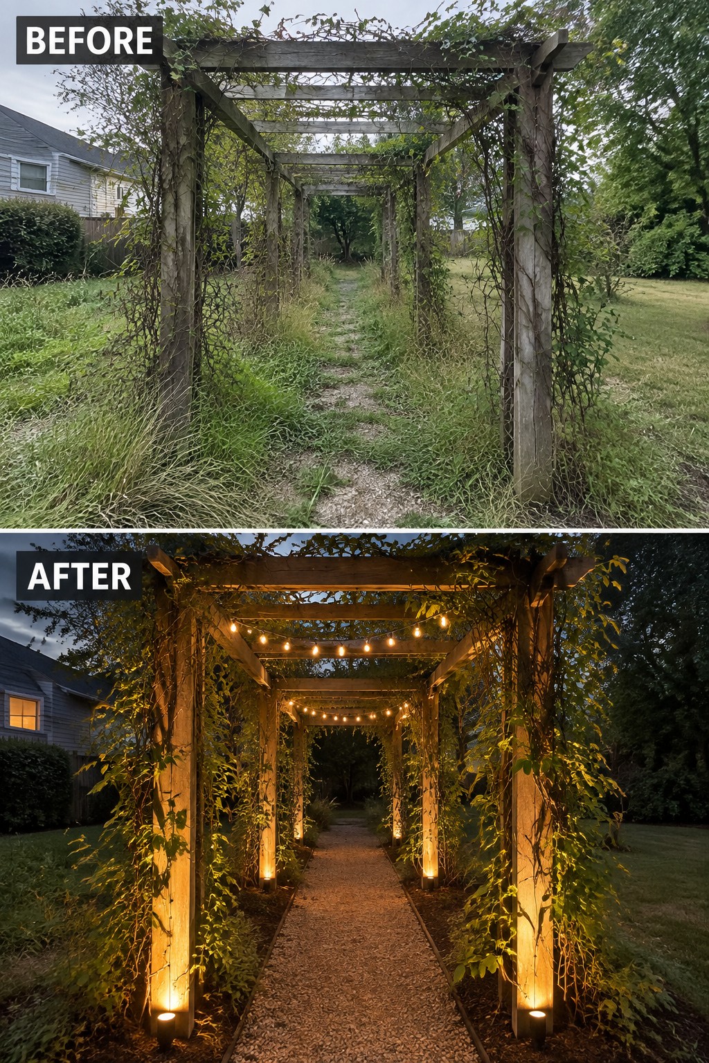 Before-and-after wooden pergola with vines, overgrown path transformed into illuminated gravel walkway at dusk