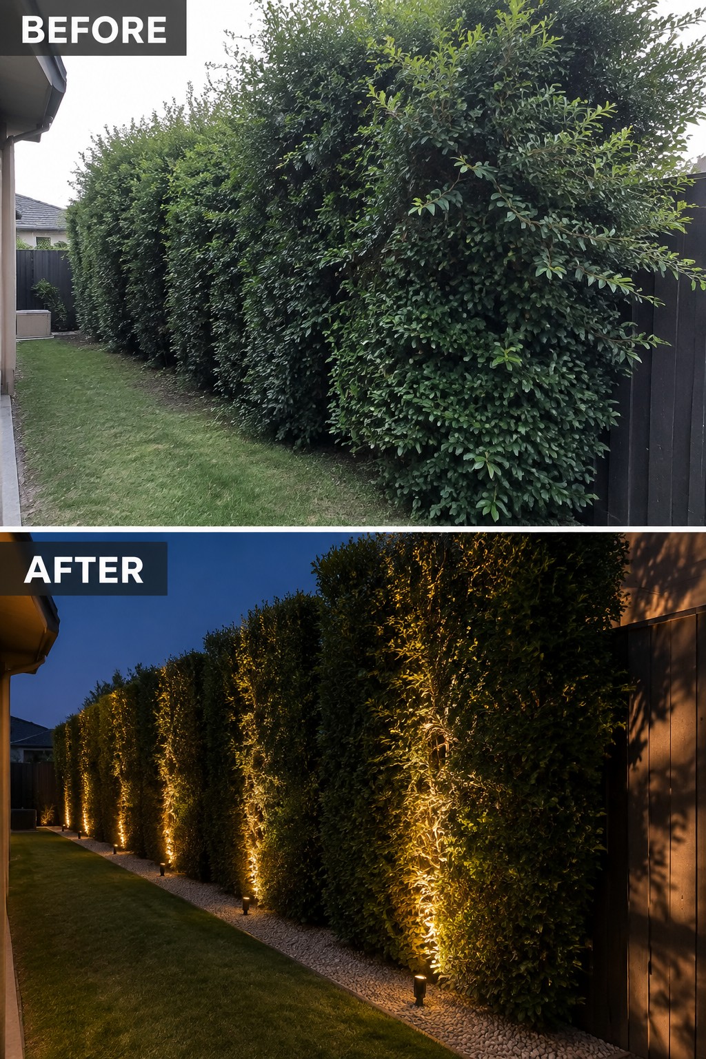 Before overgrown hedge and after with vertical string lights glowing at night