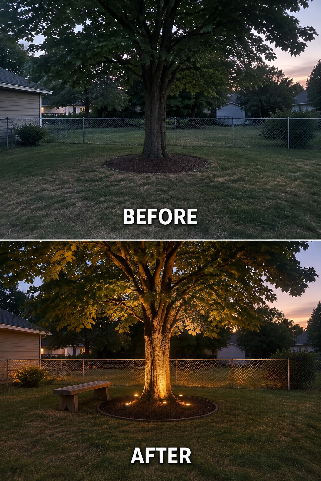 Before and after of tree with base lighting and bench added at dusk