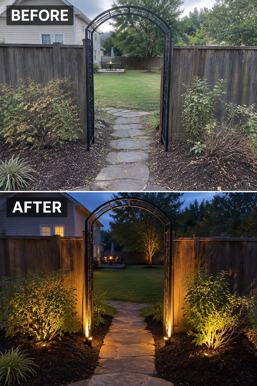 Before and after garden archway with stone path and added landscape lighting