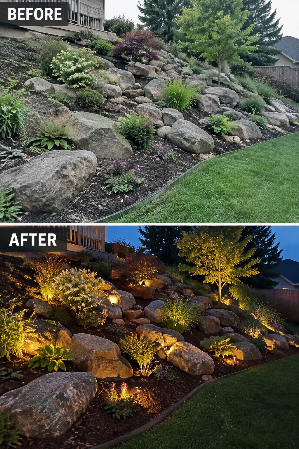 Before and after of rocky hillside garden with added landscape lighting