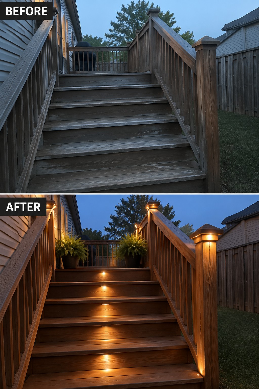 Before and after of wooden stairs with added warm post, rail, and step lighting plus potted ferns.