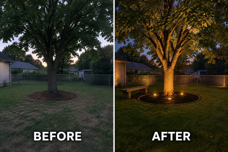 22 Warm Backyard Lighting Makeover Ideas Featuring Uplighting Before and after of tree with base lighting and bench added at dusk