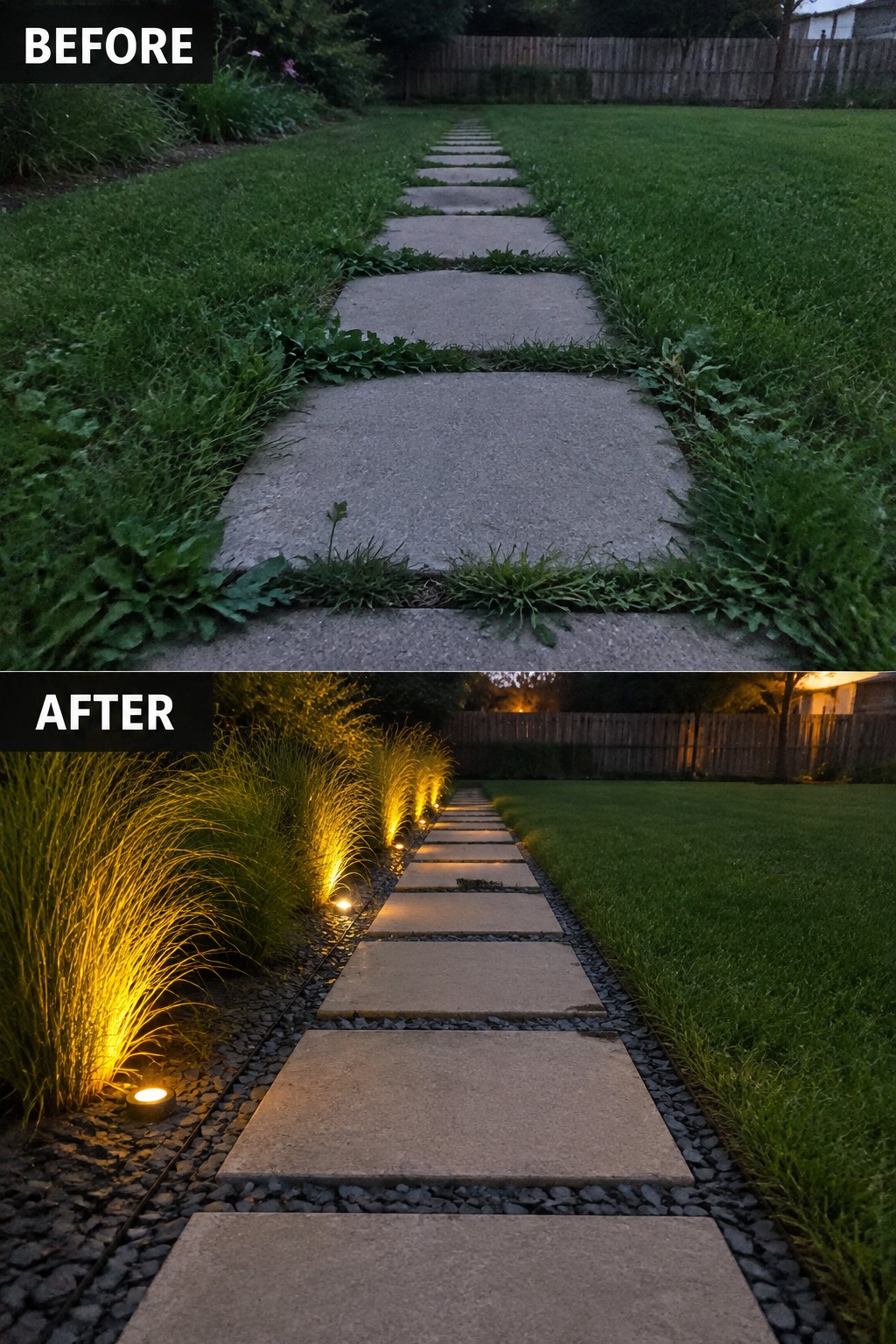 Before overgrown stone path in lawn, after with gravel, yellow lights and grasses.