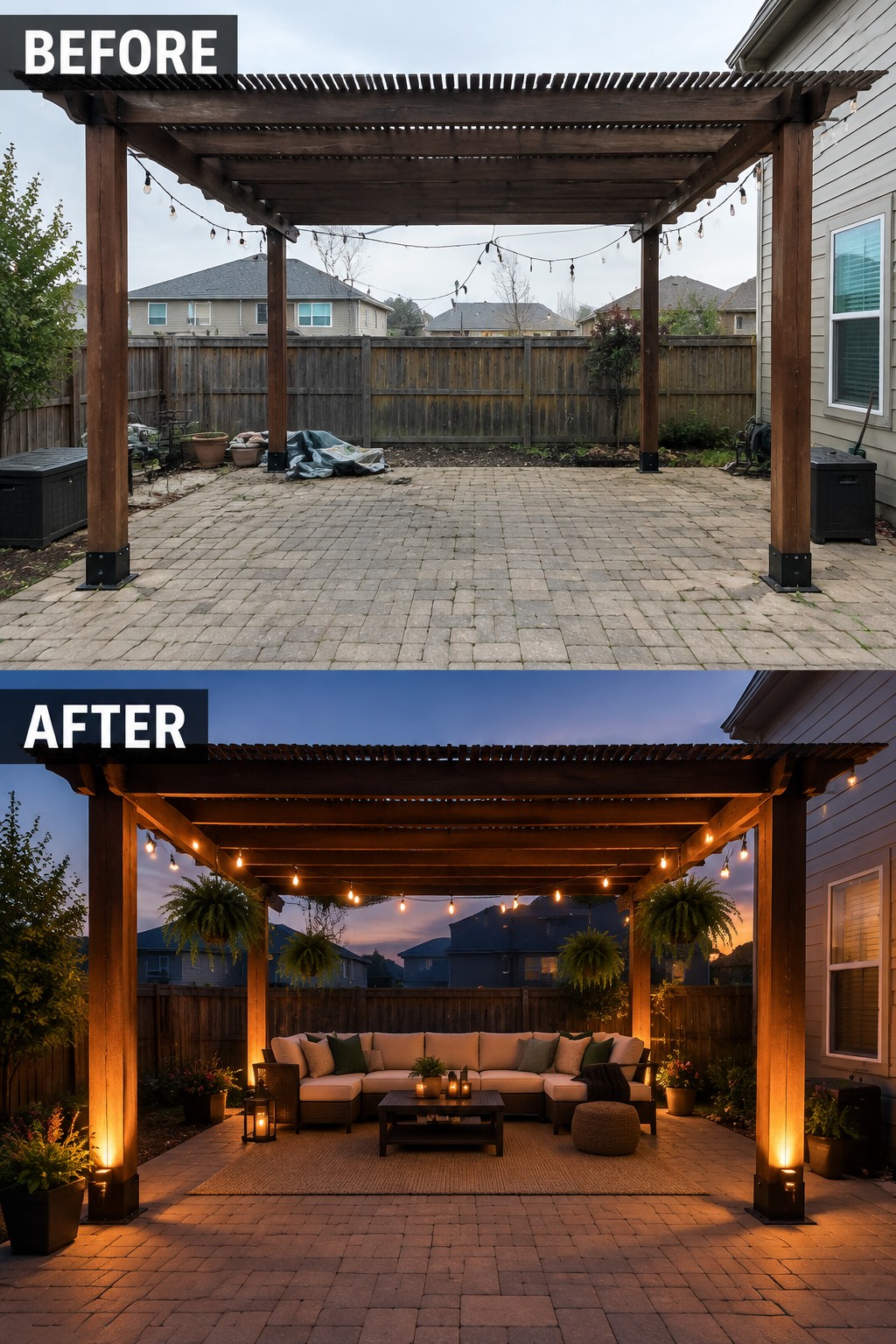Before and after of wooden pergola patio transformed with cozy furniture and warm lighting.
