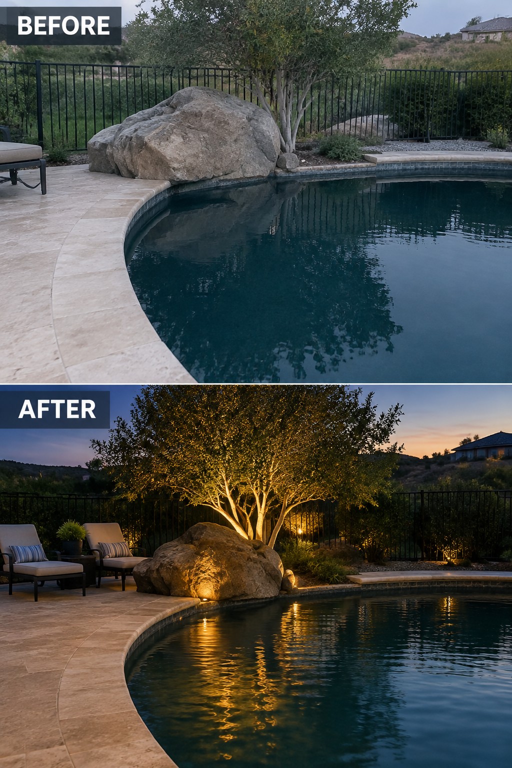 Before and after of backyard pool with tree and rock uplighting at dusk