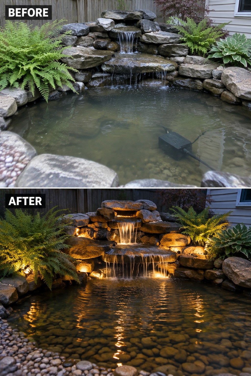 Split before-and-after view of stone waterfall pond with nighttime lighting on rocks