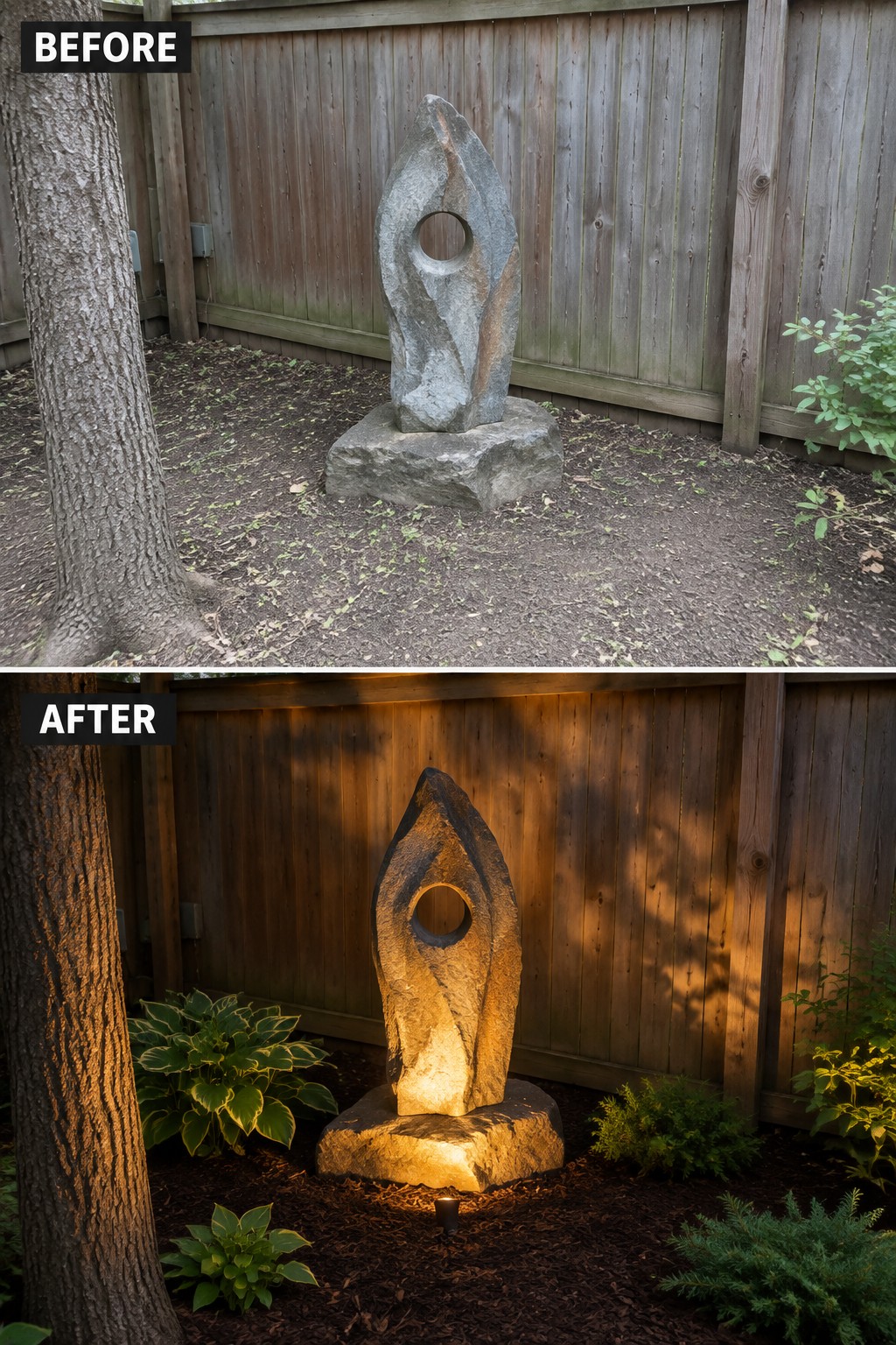 Before-and-after of stone sculpture with added garden lighting and plants