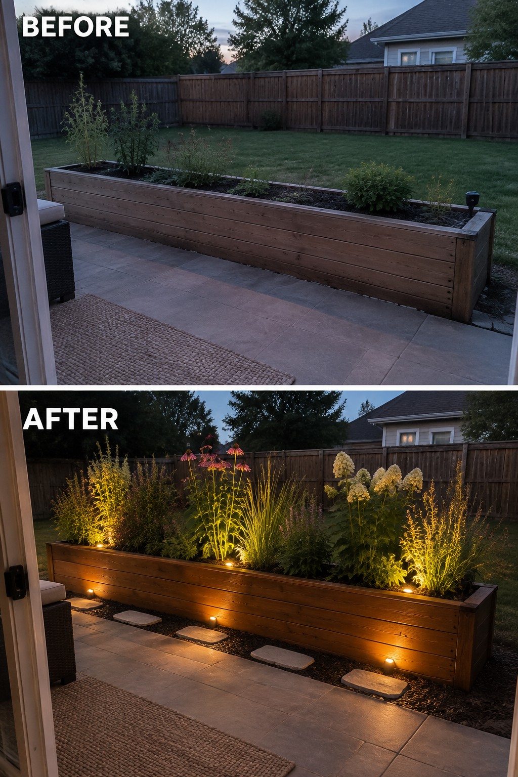Before-and-after of wooden raised garden bed with plants and lights at dusk.