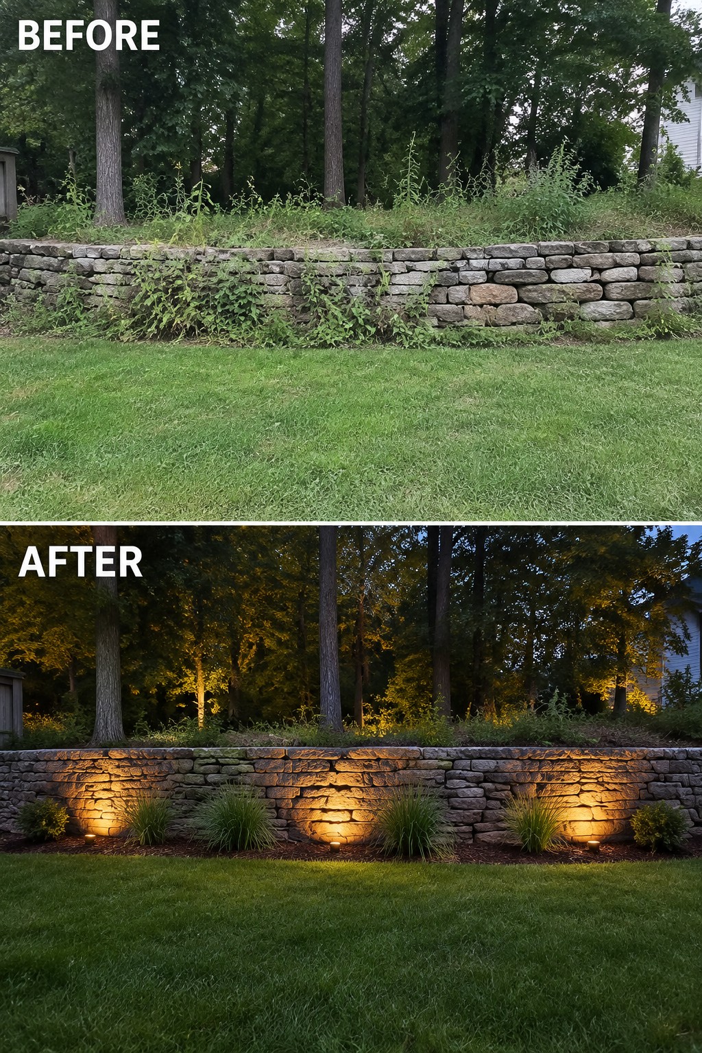 Before and after of stone retaining wall with new lighting and plants.