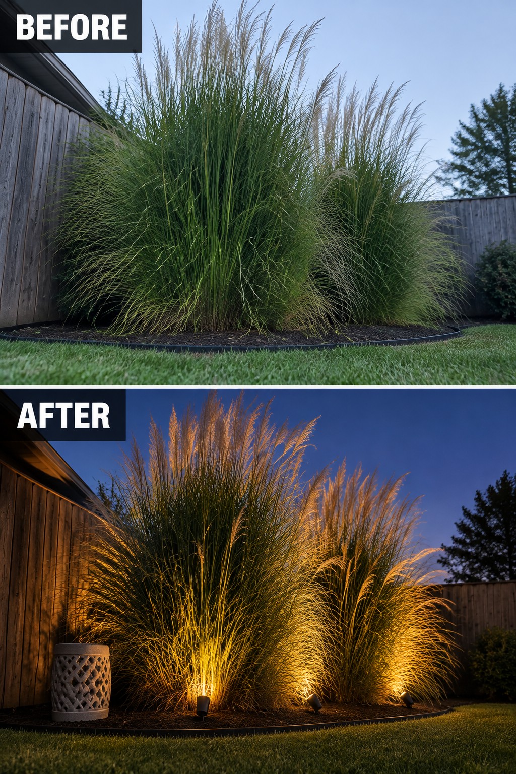 Before-and-after of tall grasses lit by warm landscape spotlights at night.