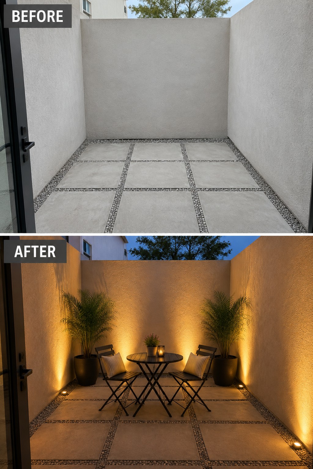 Before-and-after image of a bare tiled patio transformed with seating, potted plants, and warm uplighting along the walls.