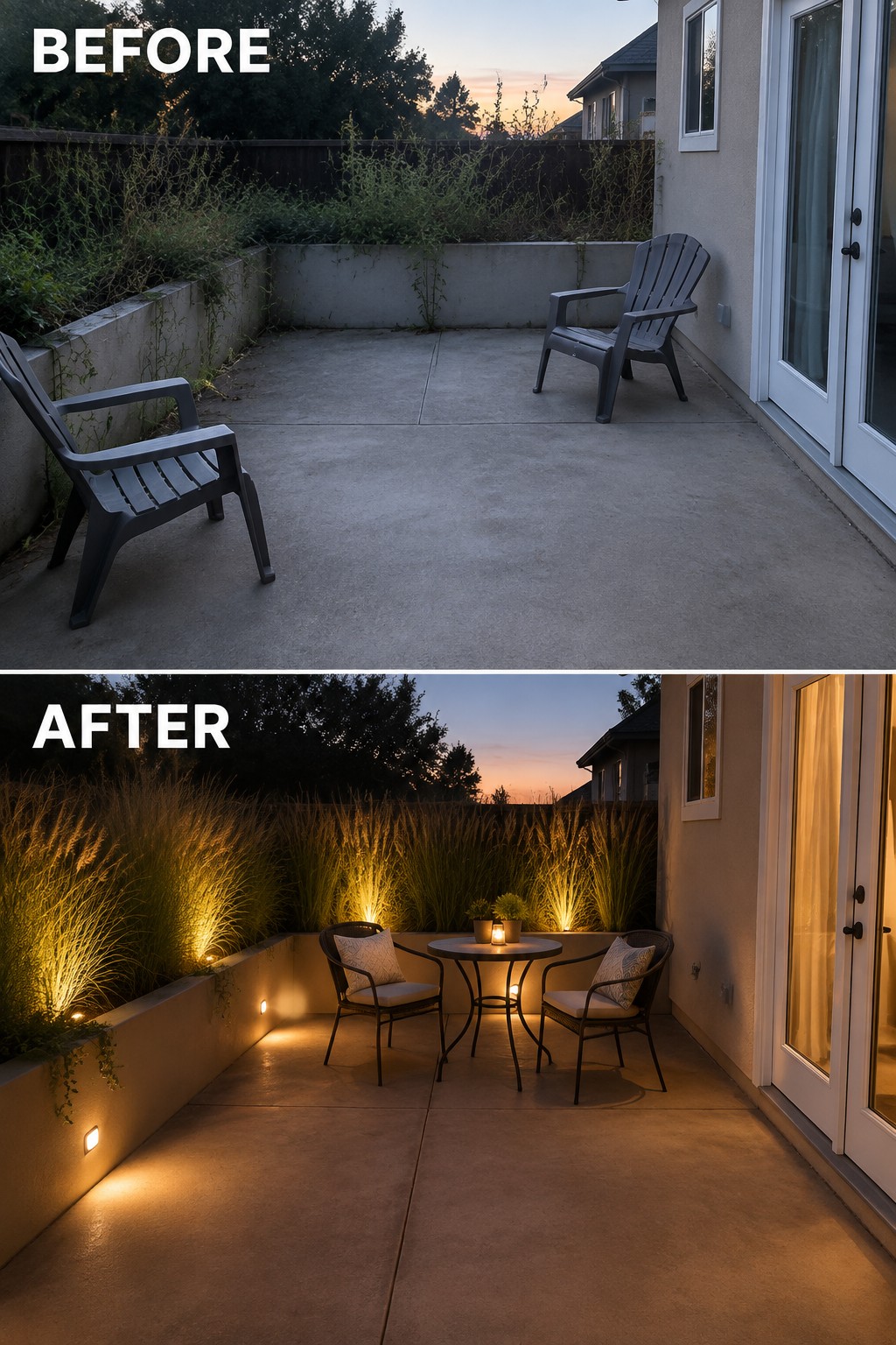 Before and after patio with new lighting, seating, and glowing ornamental grasses at dusk.