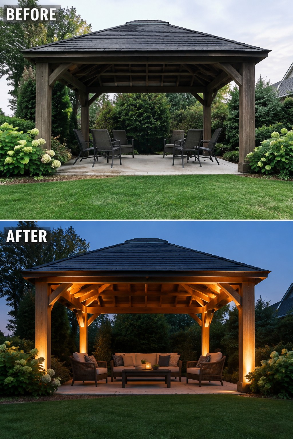 Before and after of wooden gazebo with warm evening lighting and furniture