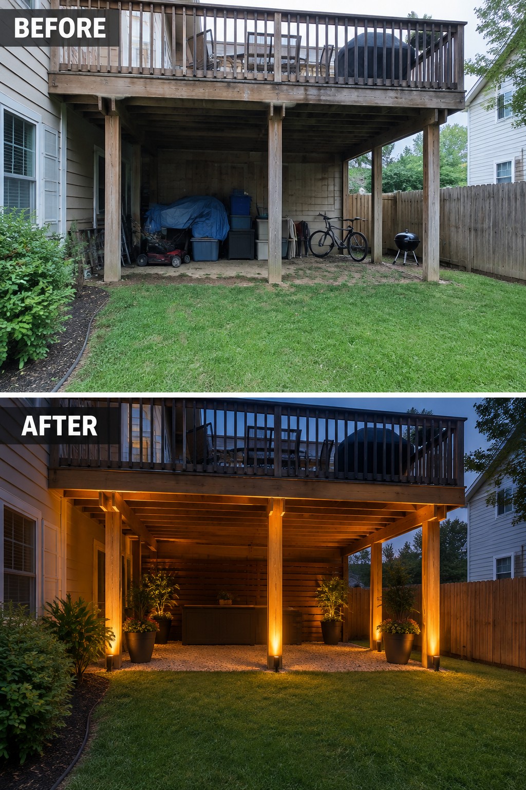 Before and after of cluttered under-deck space transformed with lights, plants, and gravel.
