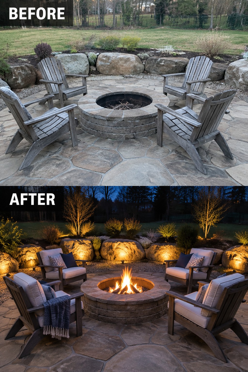 Before-and-after image of a backyard fire pit area with wooden chairs changed by adding uplighting to surrounding rocks and updating to cushioned seating.