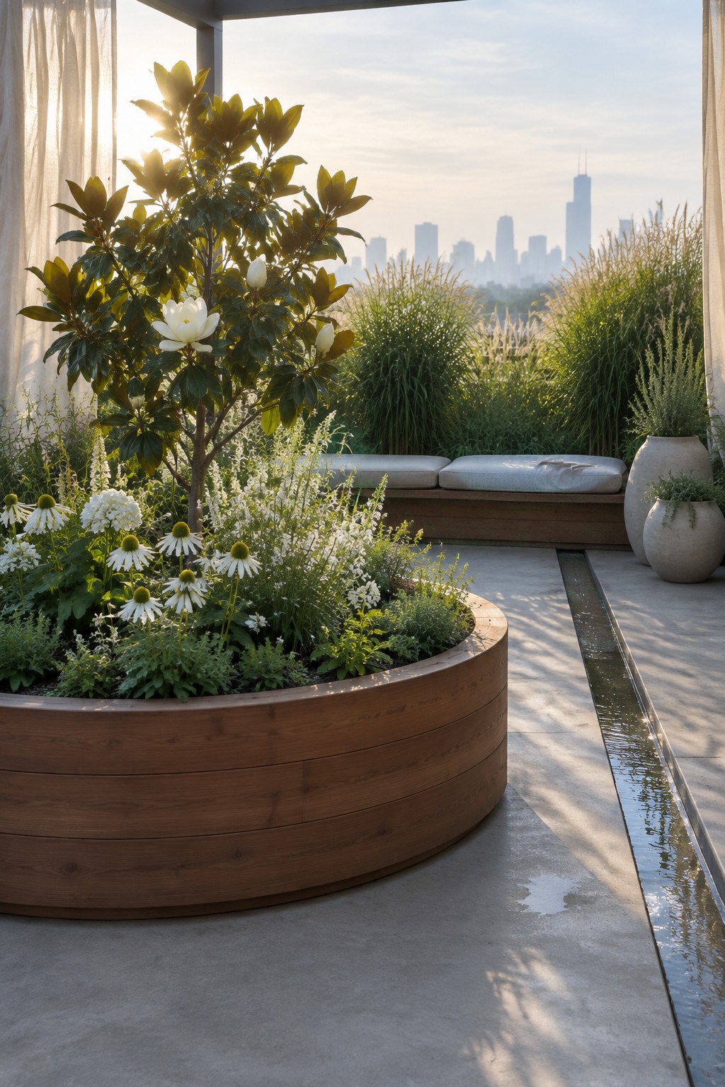 A large circular wooden raised planter filled with white flowers and green plants sits on a concrete rooftop terrace beside a narrow water channel, with a city skyline visible in the background.