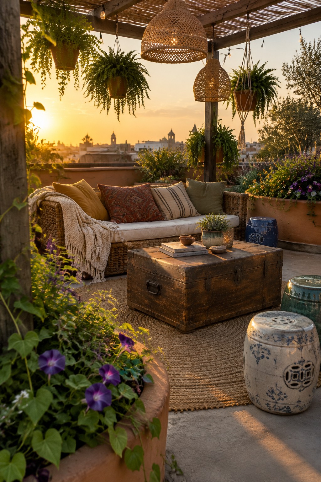 A rooftop terrace at sunset with a wicker sofa, wooden trunk table, ceramic stools, hanging plants, and raised terracotta planters filled with flowers overlooking a city skyline.