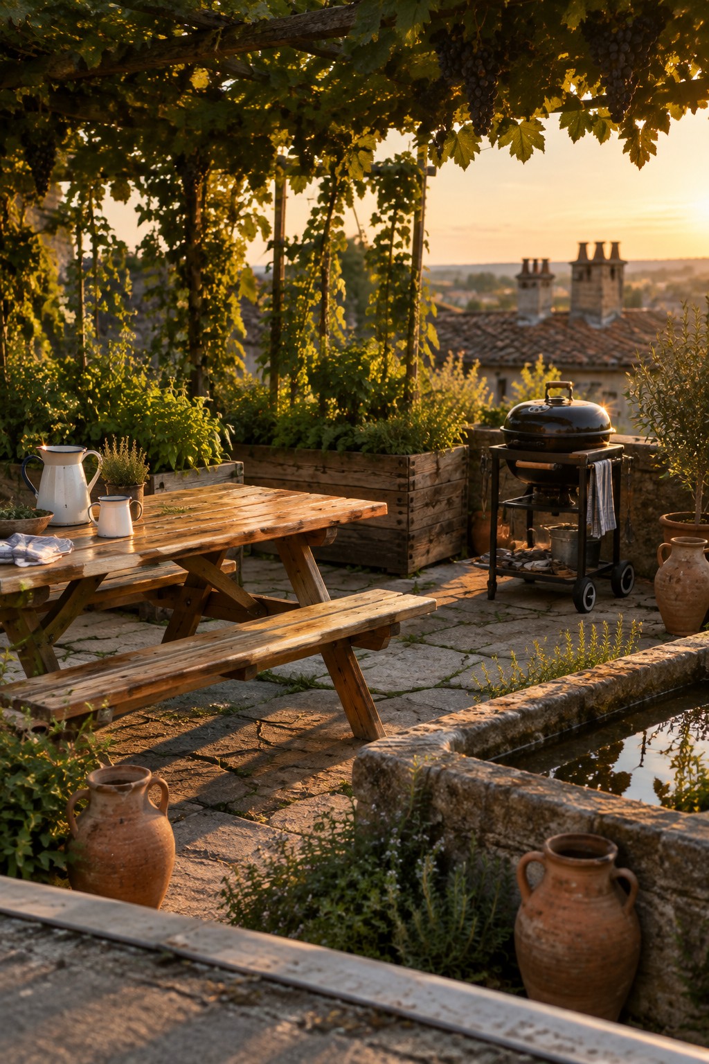 Rustic wooden picnic table under grapevines on stone patio with grill at sunset